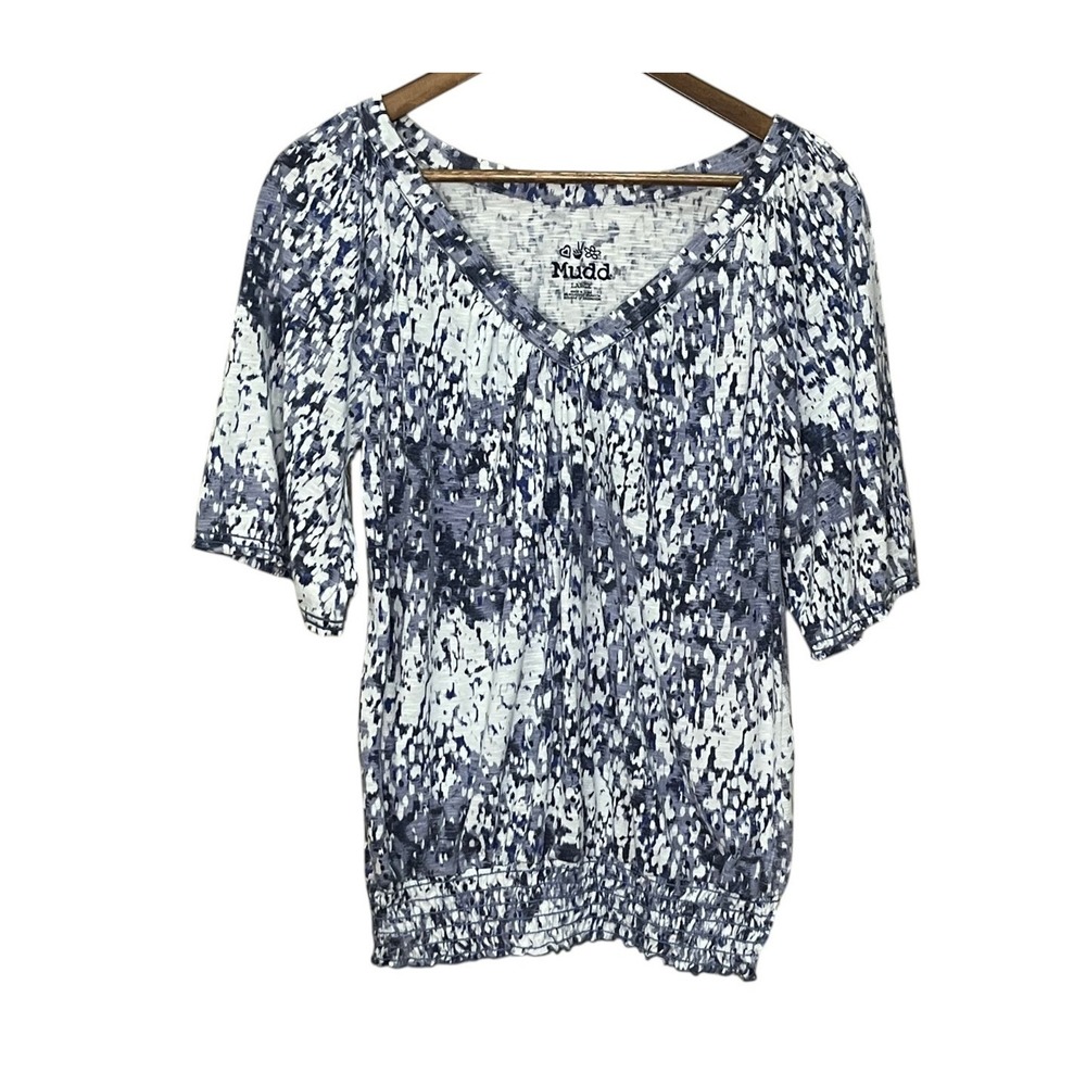 Mudd Womens Top Y2K Style S/S Blue White Abstract Bunched Waist Casual Large